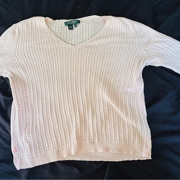 Ralph Lauren Blush Pink Cotton Ribbed V-Neck Sweater Petite Medium Feminine - Picture 8 of 13